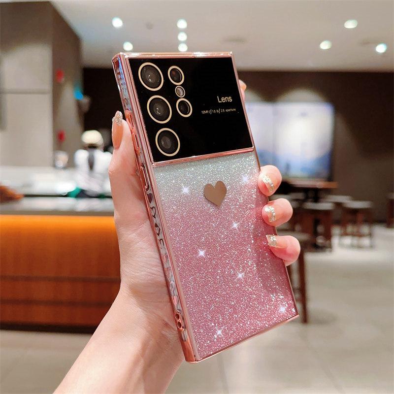 Luxury Love Logo Lens Film Glitter Electroplated Mobile Phone Case for Samsung S23 22 21 Ultra Plus S20 FE A54 53 52 A14 A23 Fall Protection Cases