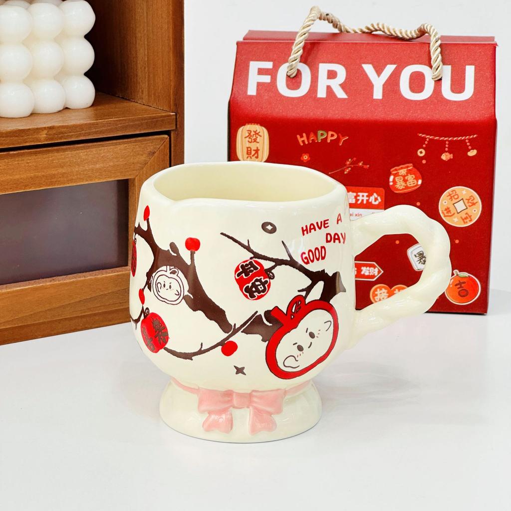 Large Capacity Water Cup Student Cup Cute Bow High Legged Ceramic Cup with Lid Mug High Appearance