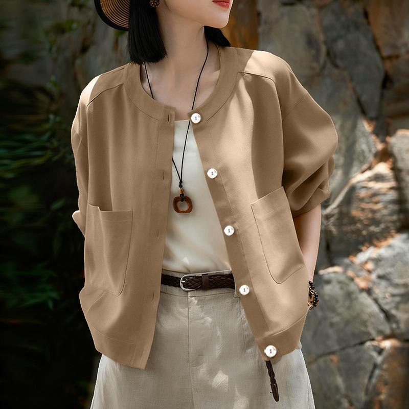 ZANZEA Dámská ležérní bavlněná halenka s kulatým výstřihem a volným dlouhým rukávem