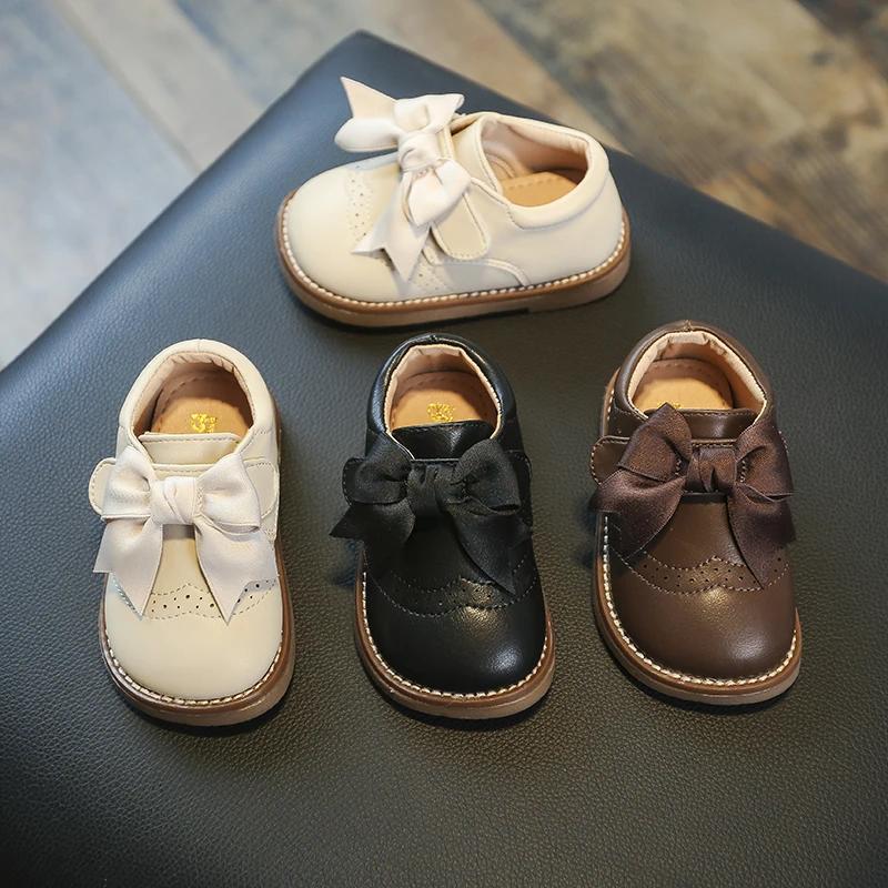 Baby Girls Cowhide Shoes  Autumn Comfortable Infant Toddler Shoes Children Soft Bottom Non-slip Kids Bow-knot Princess Shoes