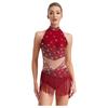 Womens Latin Dance Leotard Sleeveless Mock Neck Patchwork Rhinestones Tassels Adorned Gymnastics Costume
