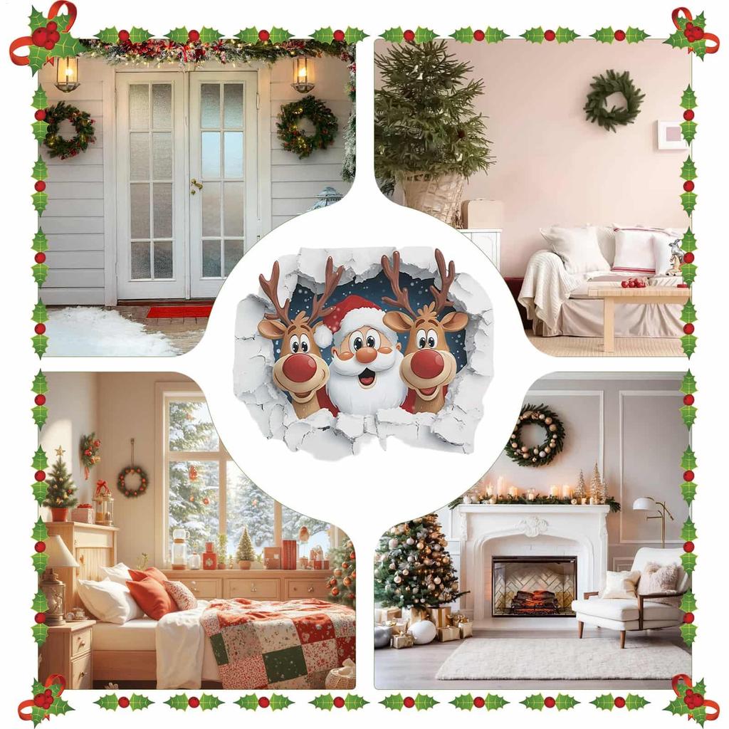 Santa Claus Wall Stickers Removable 3D Effect Christmas Cartoon Decals Santa Reindeer Living Room Stickers for Dorm Office Party