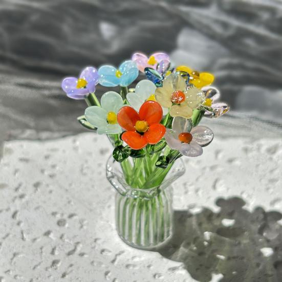 Hand Blown Mini Glass Flower Figurine Collectible Miniature Faux Crystal Flower Ornaments for Mothers Day Birthday Table Centerpiece DIY Craft