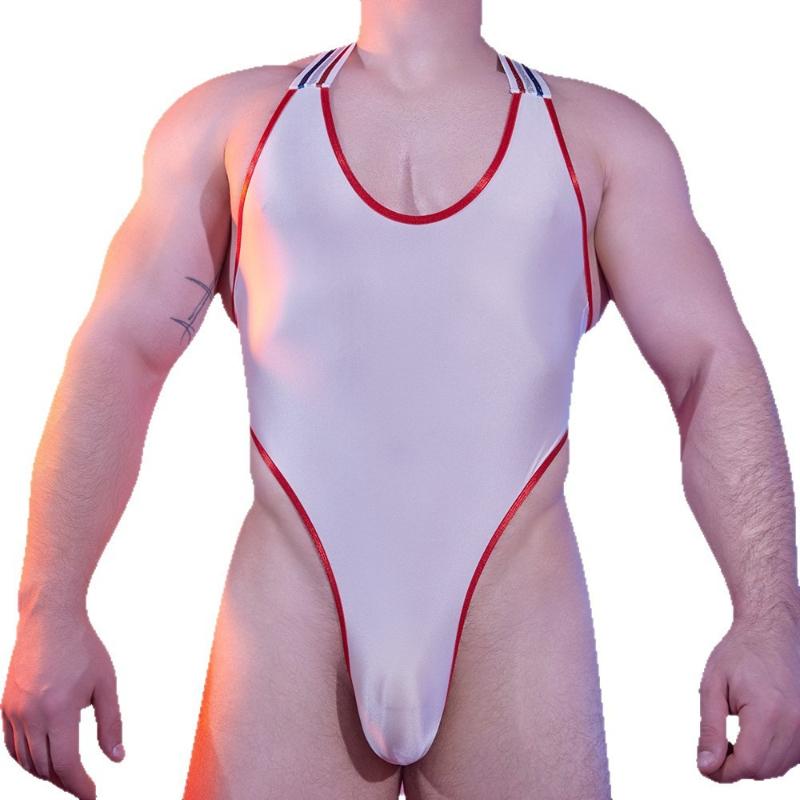 Men'S Sexy Bodysuit Oil Shiny Glossy Open-Crotch Underwear High Elastic Smooth Temptation See-Through Swimsuit Exotic Lingerie