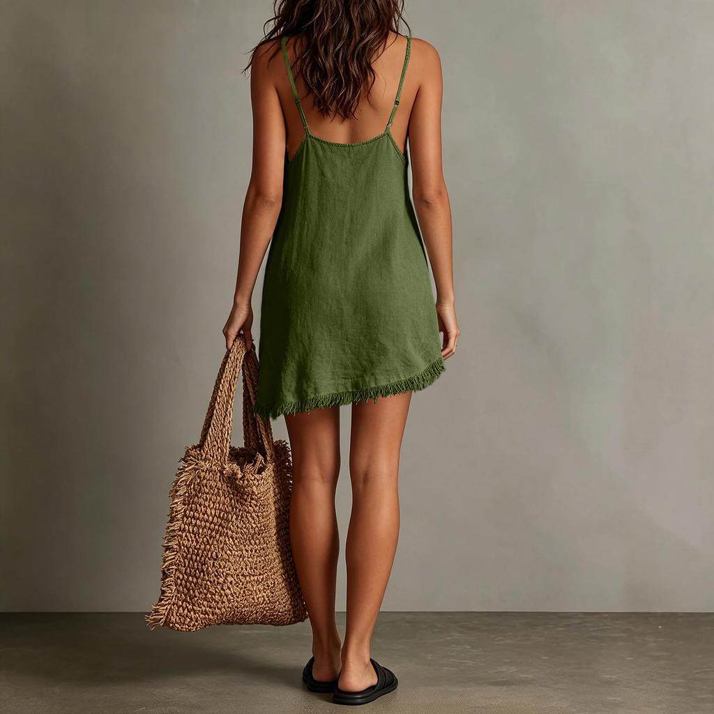 Abito Colorato da Donna con Bordi, Scollo a V e Spalline Sottili per Uso Casual