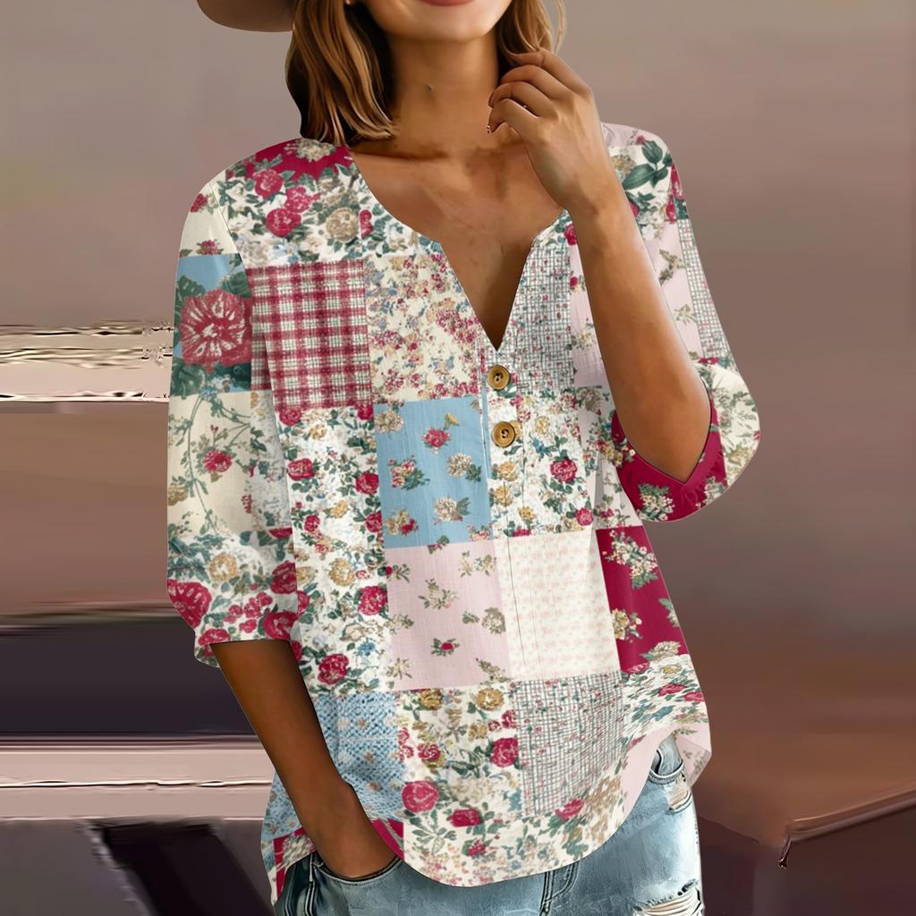 Women’s Casual Floral Print Henley Neck Button Down Cotton Linen Shirt with Three Quarter Sleeves Relaxed Fit Blouse Top