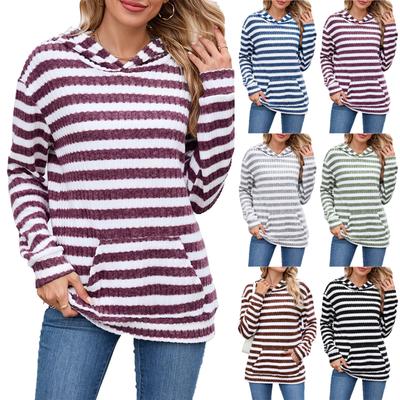 Women's Fashionable Casual Striped Hooded Pocket Loose Long Sleeved Pullover Top