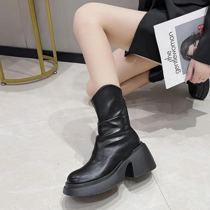 British Round Toe Thick Sole Versatile Retro Boots for Women  New Summer Slimming, Small Stature Taller Short Boots
