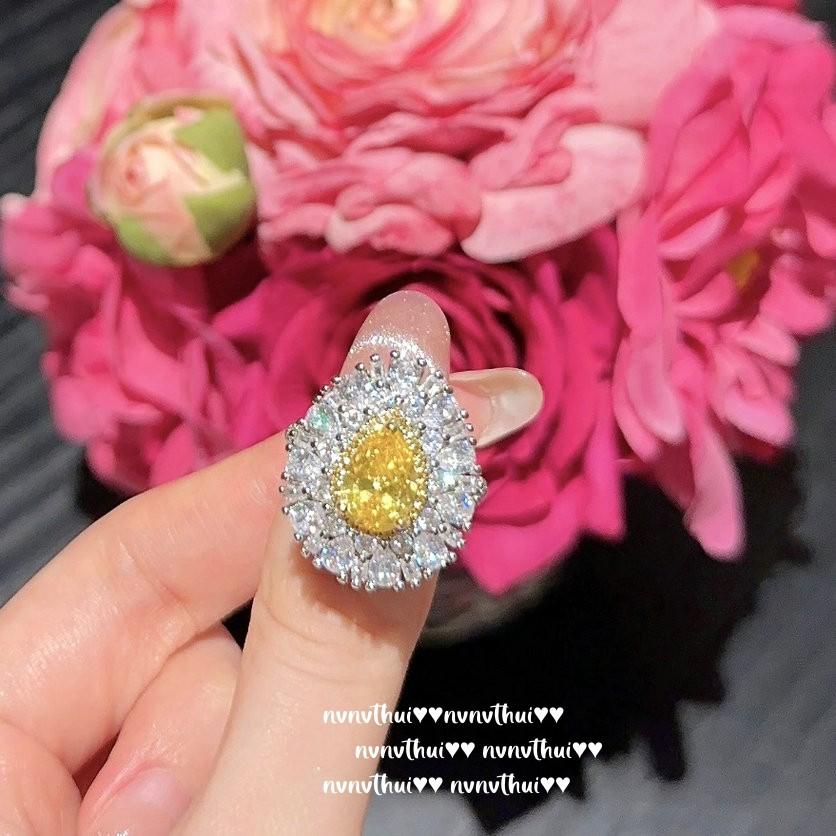 Farah Crown Jewel Ring, Weave Engraved Gold, 18K Gold Plated, Twilight Yellow Water Drop Zircon Ring Necklace