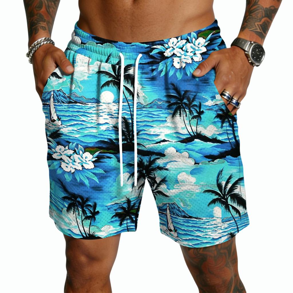 Herren Freizeitshorts mit Kordelzug Leicht Schnelltrocknend Innenbeinlänge Fünf Zoll Hawaiianischer Print Strand Badeshorts mit Taschen