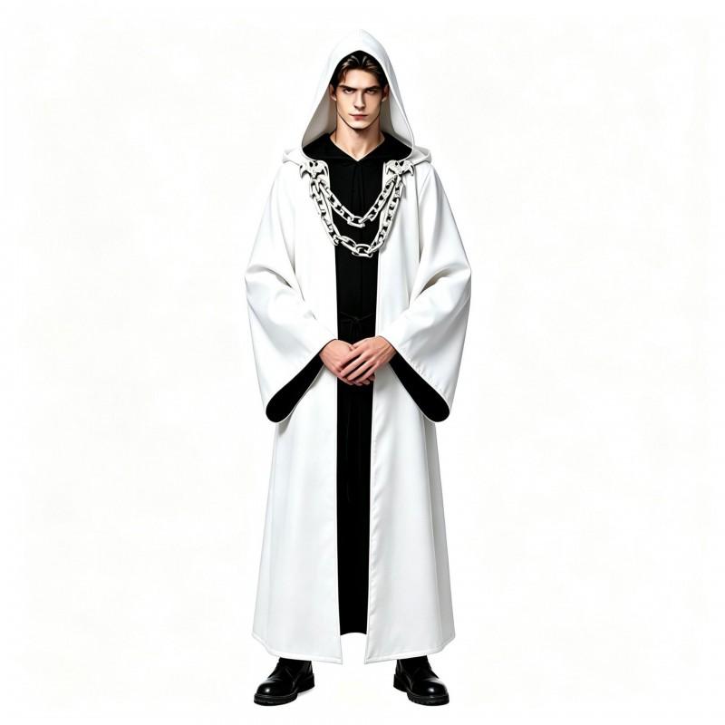 Halloween Gothic Hooded Robe Costume With Chain Detail Medieval Wizard Priest Cosplay Outfit Party