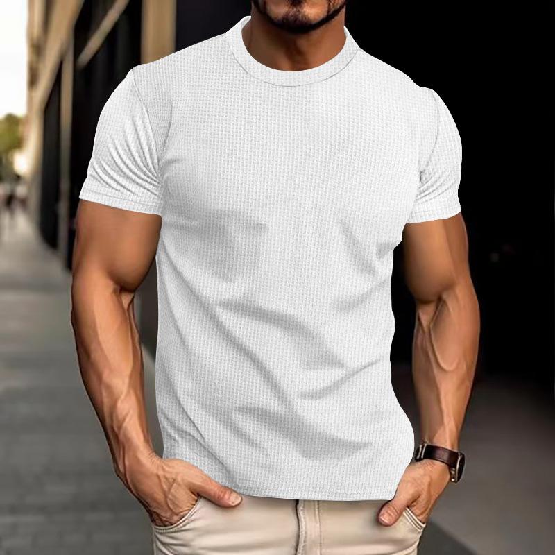 Men Black Waffle Knit Crew Neck Short Sleeve Slim Fit Casual T Shirt S белый