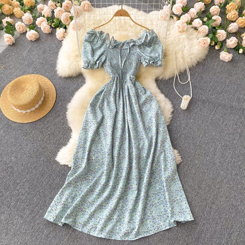 Vintage French Fairy Floral High-Waist Slimming Long Dress with Pleated Drawstring Waist and Big Swing