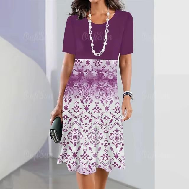 Elegante Abito Midi da Donna a Maniche Corte Moda Stampa 3D Taglie Forti Abbigliamento da Spiaggia