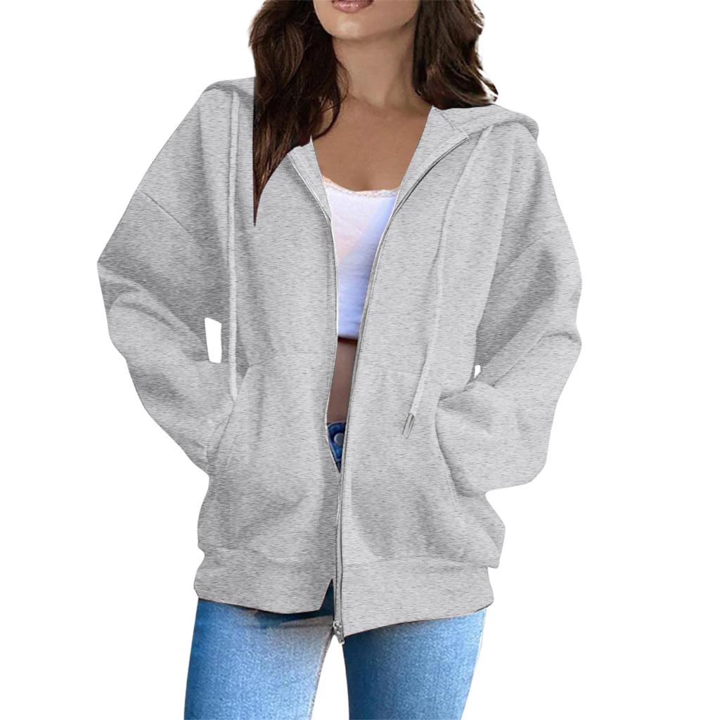 Women’s Long Sleeve Zip Up Hoodie Jacket with Drawstring Hood Casual Loose Fit Sweatshirt Outerwear for Everyday Wear