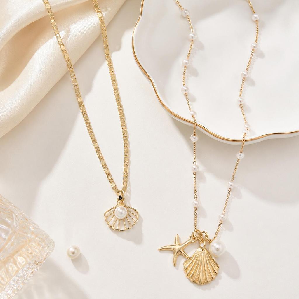 European-American Design Ocean Pearl Starfish Layered Necklace for Women