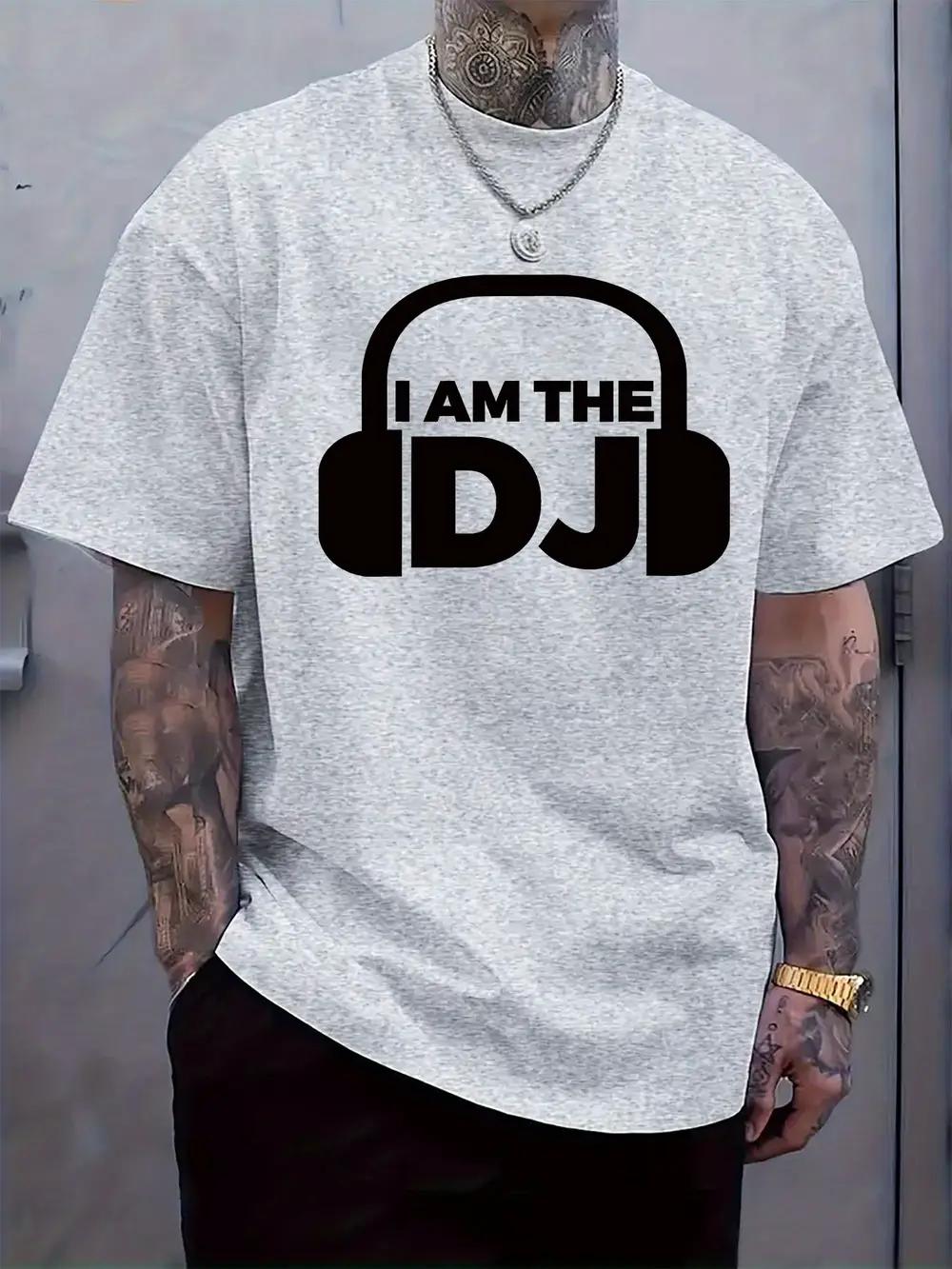 Casual Crew Neck T-shirt with I AM THE DJ Print L