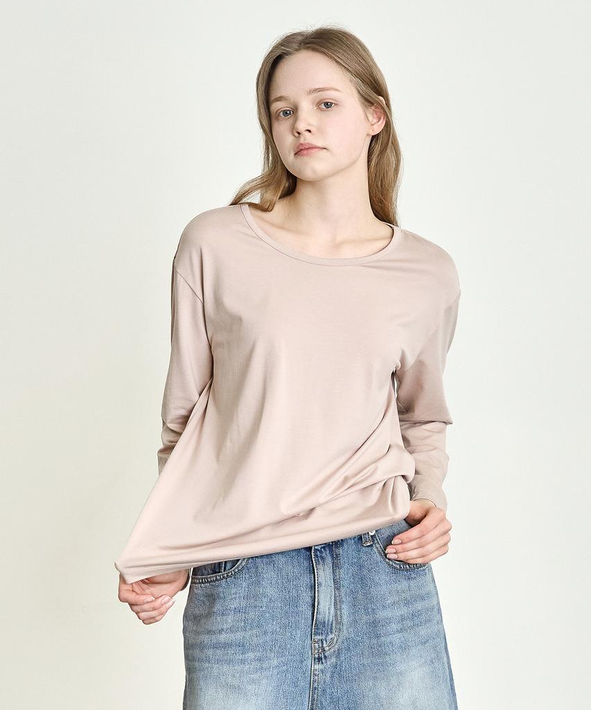 BASIC HOUSE Women'S Flowy Spandex U-Neck Oversized Long Sleeve T-Shirt Dark Beige