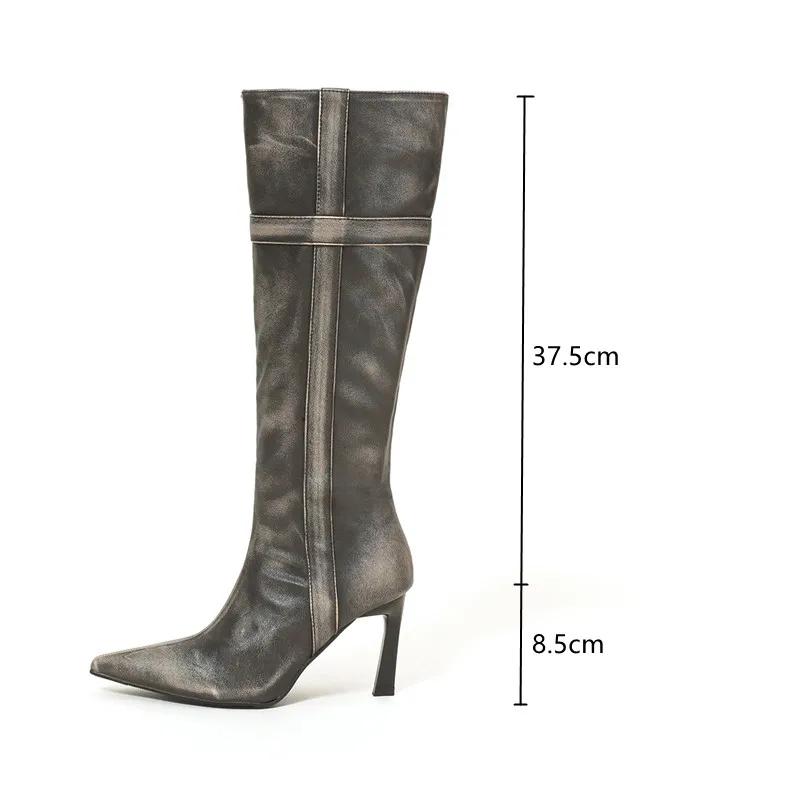 Autumn Winter Vintage Matte Leather Women Knee-High Boots Elegant Pointed Toe High Heels Female Chelsea Modern Long Boots Shoes