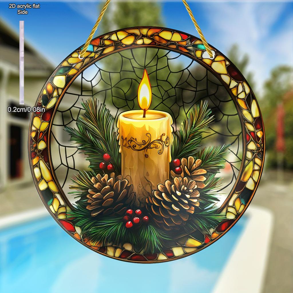 Rustic Candle Sun Catcher Acrylic Hang Sign, Acrylic with Pinecones & Holly, A Festive Holiday Decor Gift, Nurseries, Vintage Home Decor Wall for Bar