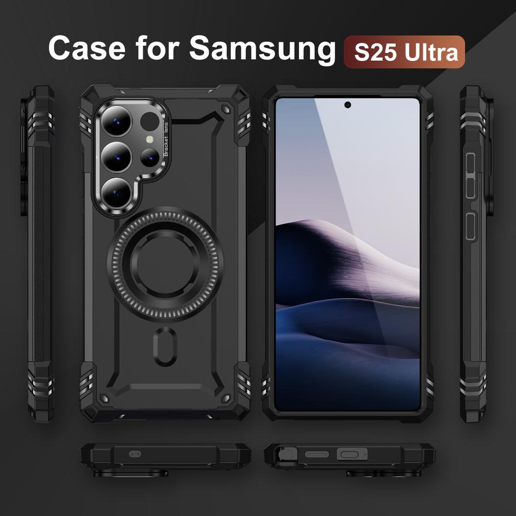 For Samsung Galaxy S25 Ultra Magnetic Case Lens Kickstand PC+TPU Shockproof Phone Cover