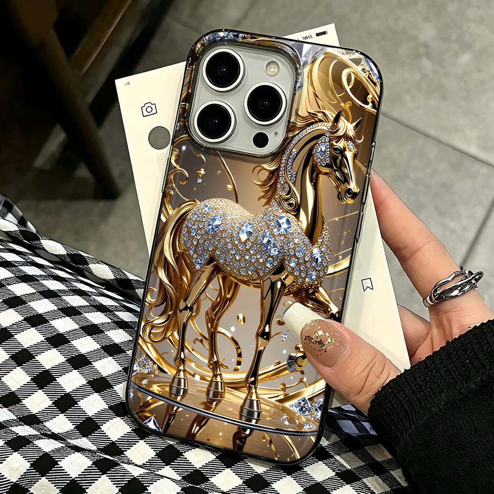 Pattern Diamond-Encrusted Golden Horse Phone Case For Iphone 17 Pro Max 16 15 Pro 14 13 12 11 17 Air 16 Plus Soft Clear Cover