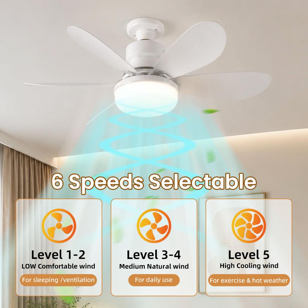 E27 Ventilador De Techo Con Luz LED 6 Blade Ceiling Fan with Light Remote Dimmable 3 Color 5 Speed Bedroom White Color