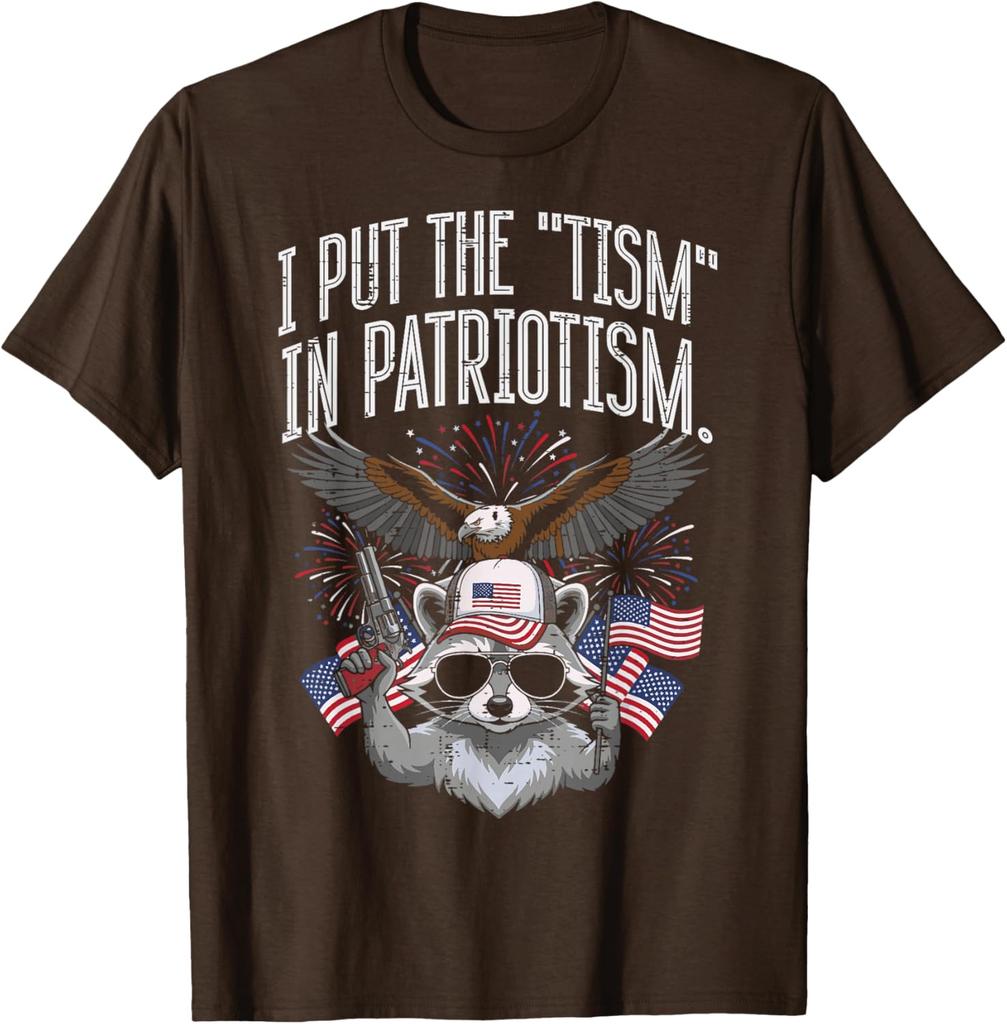 I Put The Tism In Patriotism Raccoon Funny Graphic Print Round Neck Cotton T Shirt Casual Tops