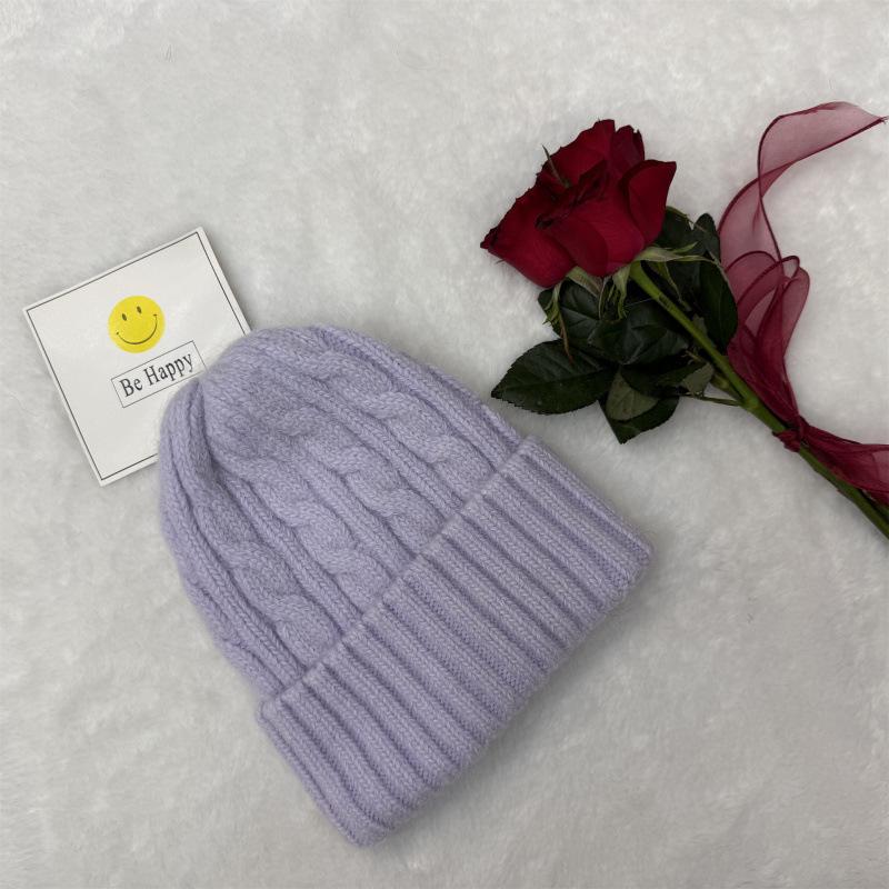 New rabbit fur knitted hat women's solid color twist wool hat winter outdoor warm single-layer ear protection pullover hat