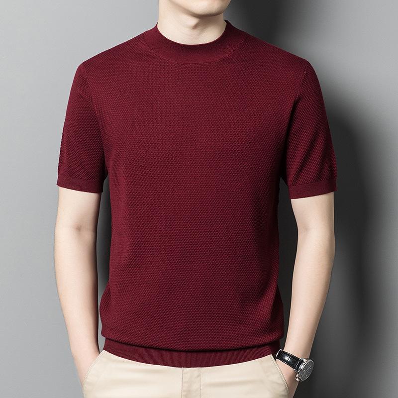 Men's Semi-turtleneck Short-sleeved Sweater Solid Color Casual Knitwear Trend Middle-aged Thin Woolen Pullover Base