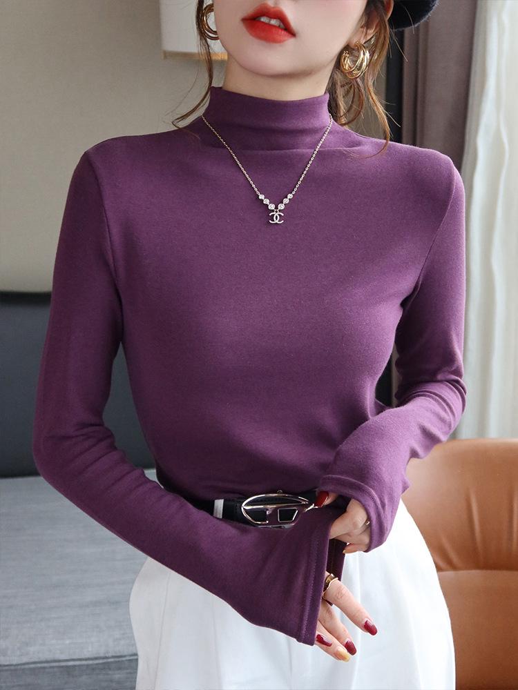 Women's Autumn/Winter 2024 Slim Fit High-Neck Purple Wood Ear Trim Top