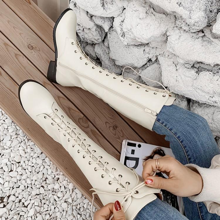 Autumn and winter European and American knight boots new single boots high women's boots low heel soft skin lace-up medium boots thick heel women's