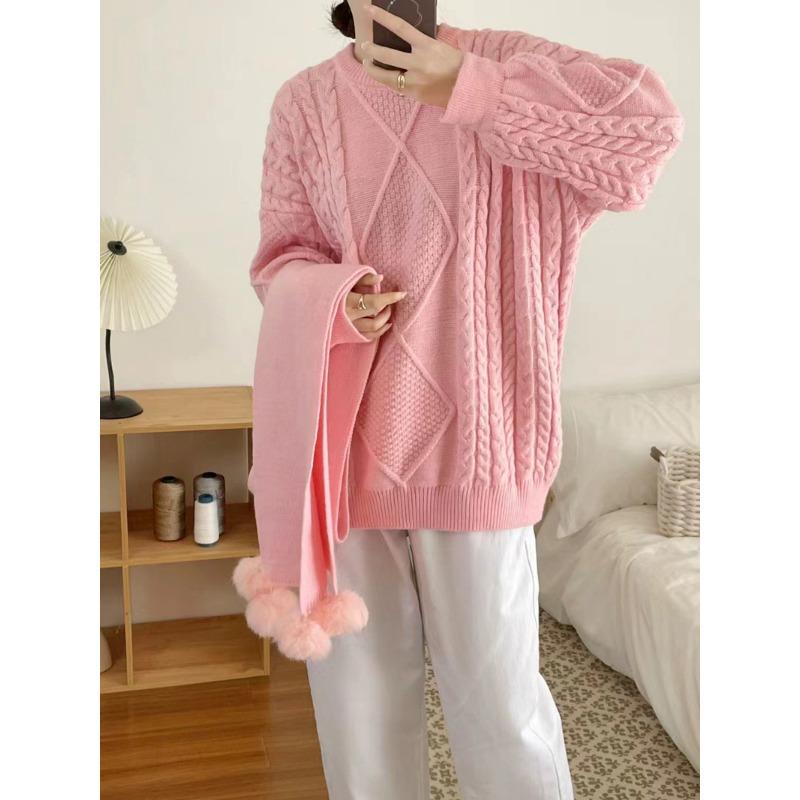 

Свободный и универсальный свитер женский осень и зима новый дизайн помпон шарф утолщенный вязаный свитер топ one size fits all розовый