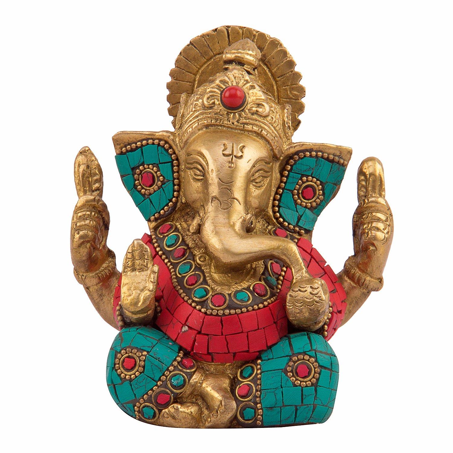 

Lord Ganesha Statue, Ganesh, Ganpati Bappa Idol, Brass, Multicolor - 4.5 Inch
