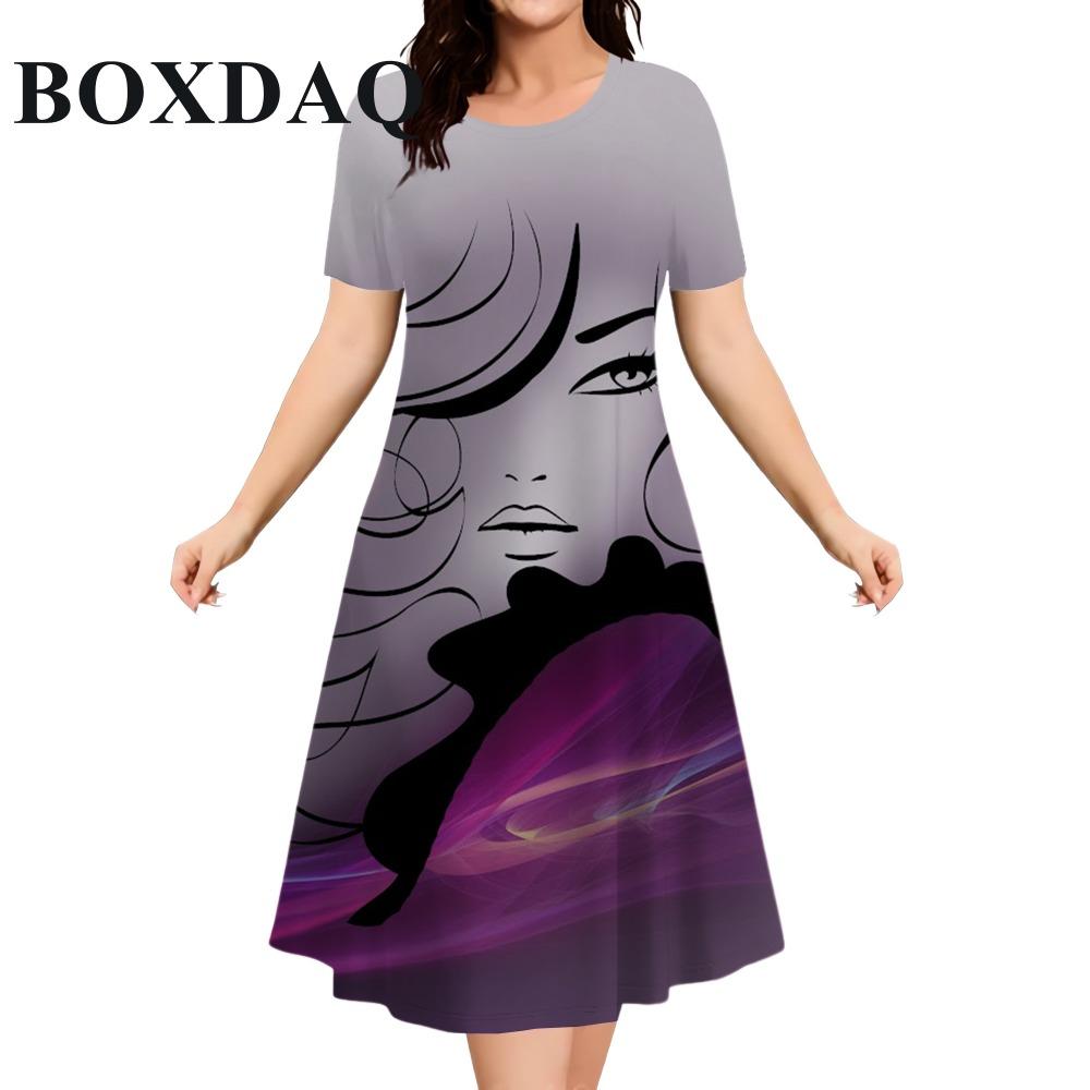 Women's Short Sleeve O-Neck Painting Face Abstract Print Dress 2026 Summer New Loose Plus Size Mini Dresses Ladies Fashion Dress