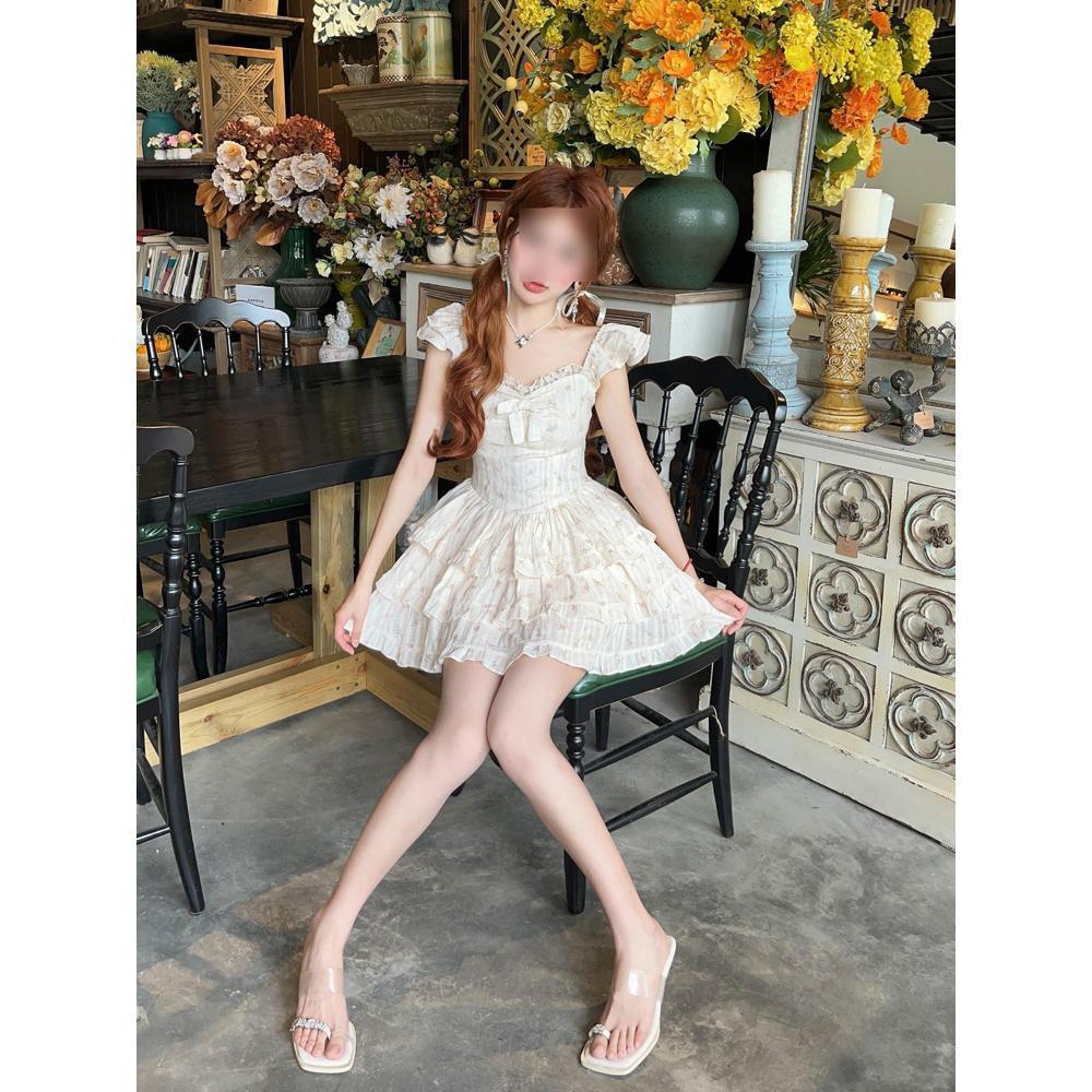 Sweet Floral Suspender Dress Women's Summer Little Flying Sleeves Princess Cake Dress Waist Fluffy Short Skirt