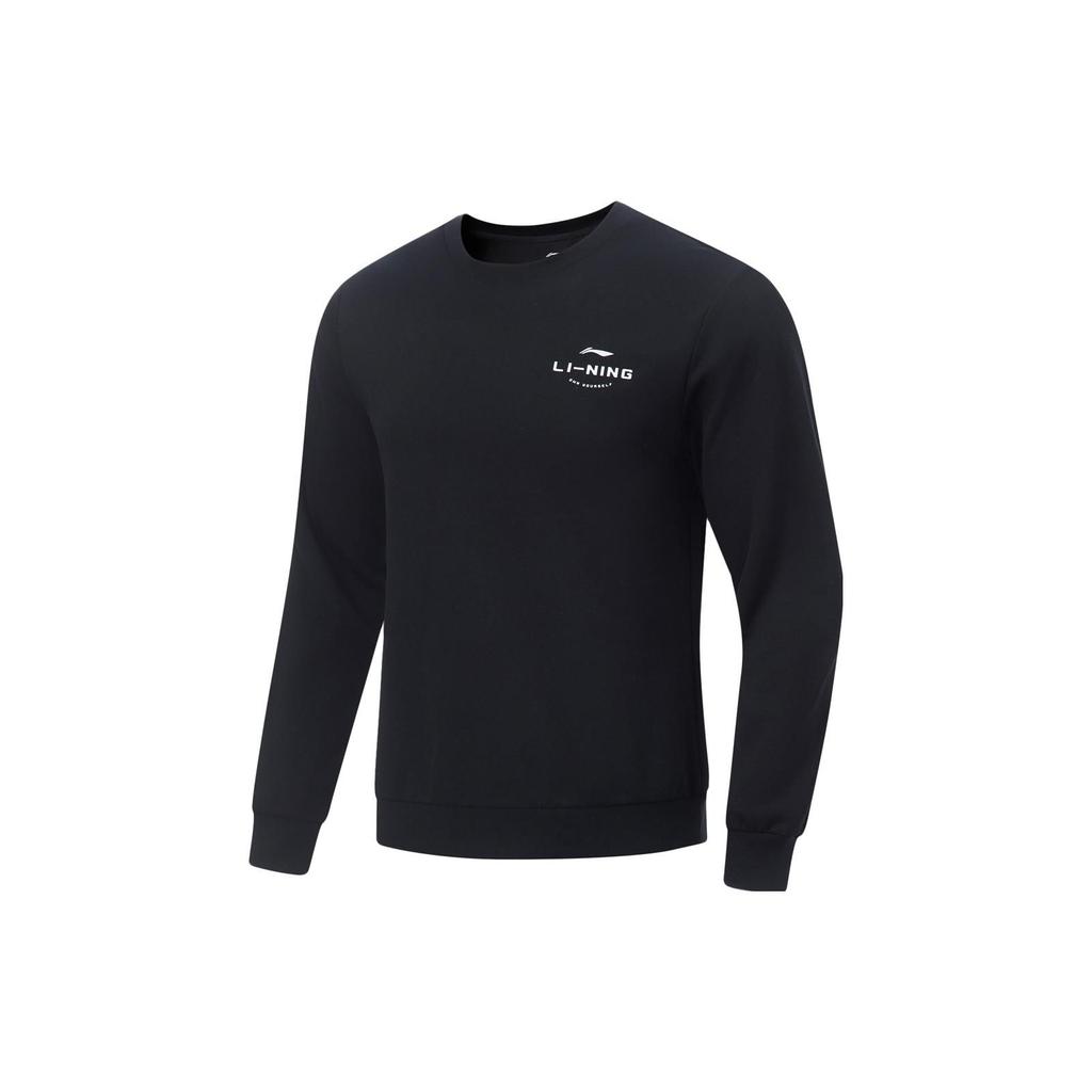 Li-Ning Fitness Series Solid Color Round Neck Logo Print Casual Long Sleeve T-Shirt Men Tops Black AWDT515-1