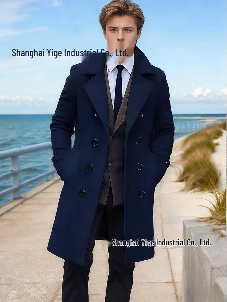 Men's European Double-Breasted Wool Coat - Long Style for Autumn/Winter