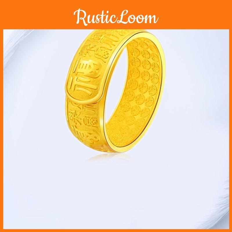Retro Unique Brass Gold Plated Wide Open Ring For Men Featuring Prosperity Symbol Design