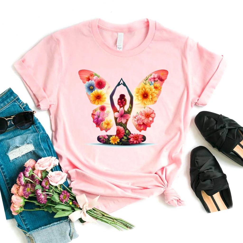 Funny Tshirt Girls Floral Yoga Butterfly Print Pink T Shirt Unisex Meditation Tshirt Femme Aesthetic Clothes Funny Tshirt Female