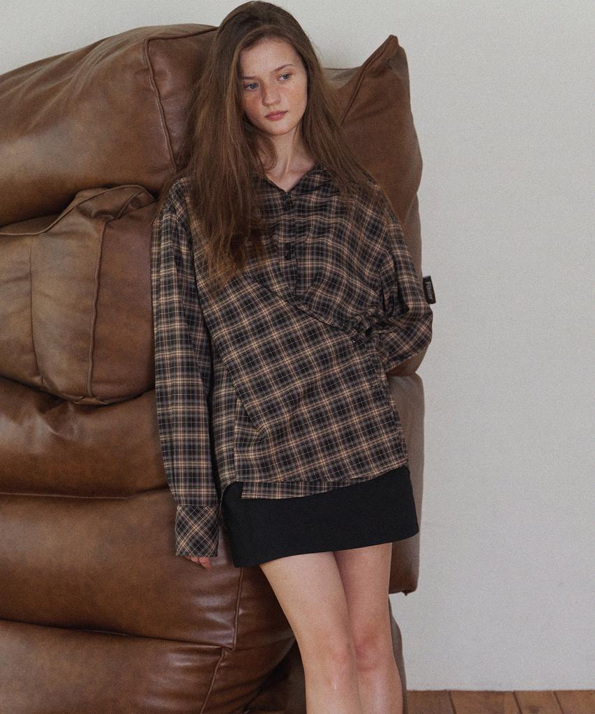 Hauseuobeupondeu Plaid Check Cross Button Shirt_Brown