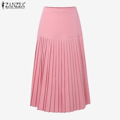 Saias Midi Plissadas de Cor Sólida com Cintura Elástica Casual para Mulheres