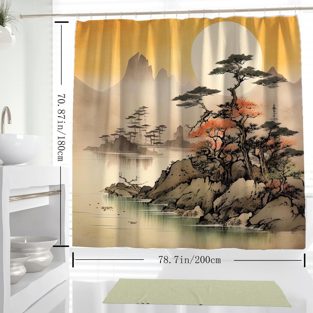 1Pc Asian-Inspired Ink Painting Scenic Mountains & Trees Shower Curtain, Digital Print, Bathroom Decor, Shower Curtains