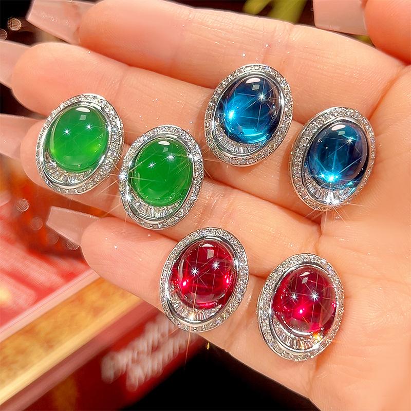 Copper Bottom Gold-Plated Ice Seed Fluorescence Simulation Blue Pointed Crystal Green Chalcedony Stud Earrings 10 * 12