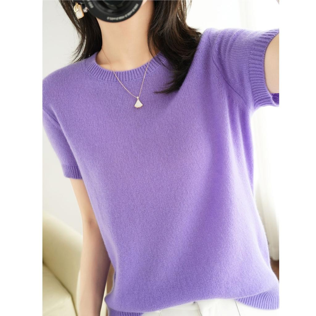 Women's Short Sleeved Knitted Sweater Round Neck Loose Thin Top