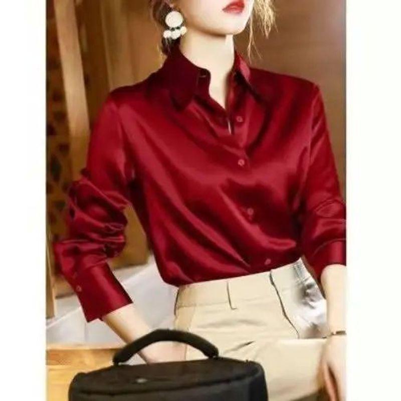 

Solid Color Single Row Multi Button Shirt Pure Color Single Row Multi-Buckle Shirt for Women Claret S