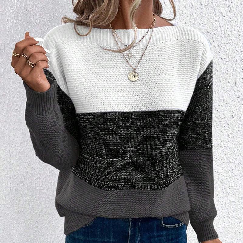 2026 Women's Color Block Patchwork Knit Sweater - Autumn/Winter Round Neck Long Sleeve Pullover Top