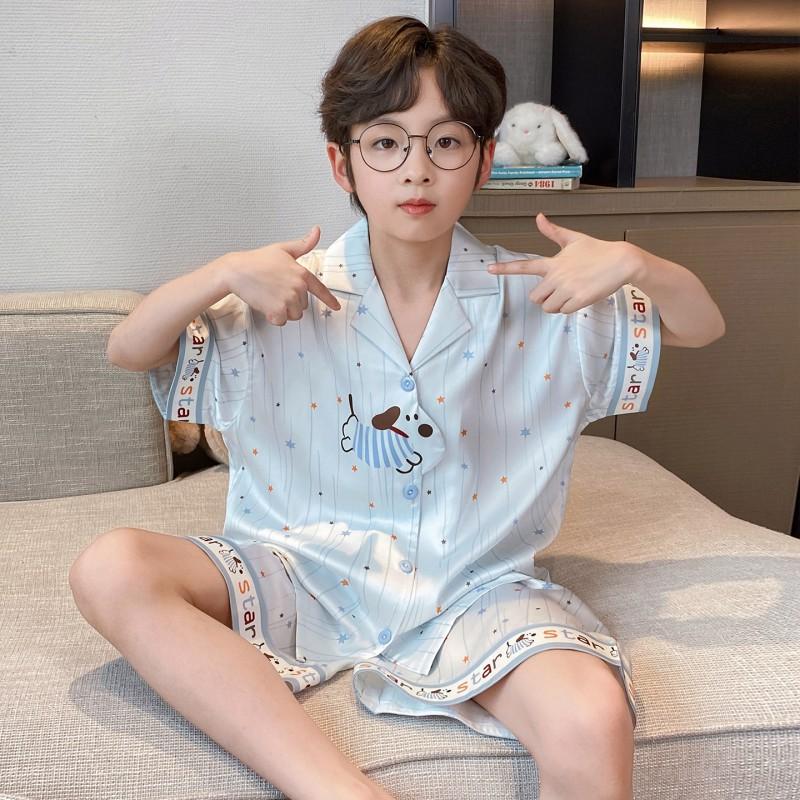 Boys Ice Silk Pajama Set Short Sleeve Shorts Kimono Style Cartoon Print Lightweight Sleepwear Kids 8