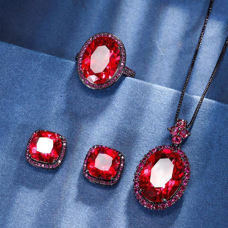 Jewelry Copper Bottom Gold-Plated Simulation Red Corundum Black Gold Personalized Set 13 * 18-12 * 16
