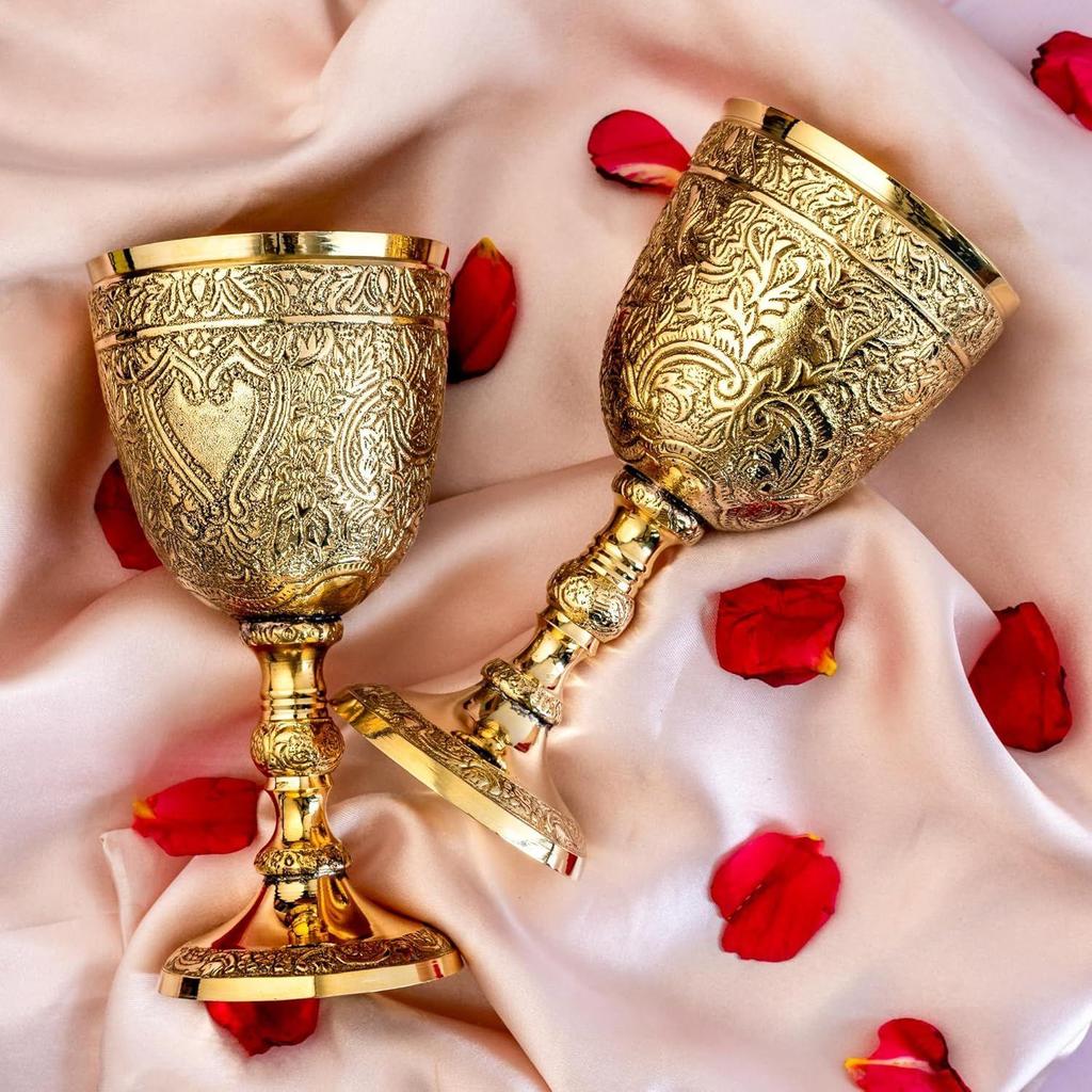 Brass Wine Goblets | for Serving Champagne, red Wine, or Other Beverages | Embossed Design Set of 2 with Valvet Gift Box